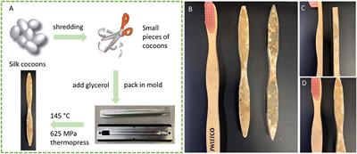 Thermoplastic molding of silk protein composite plastic toothbrush handles with on-demand degradability